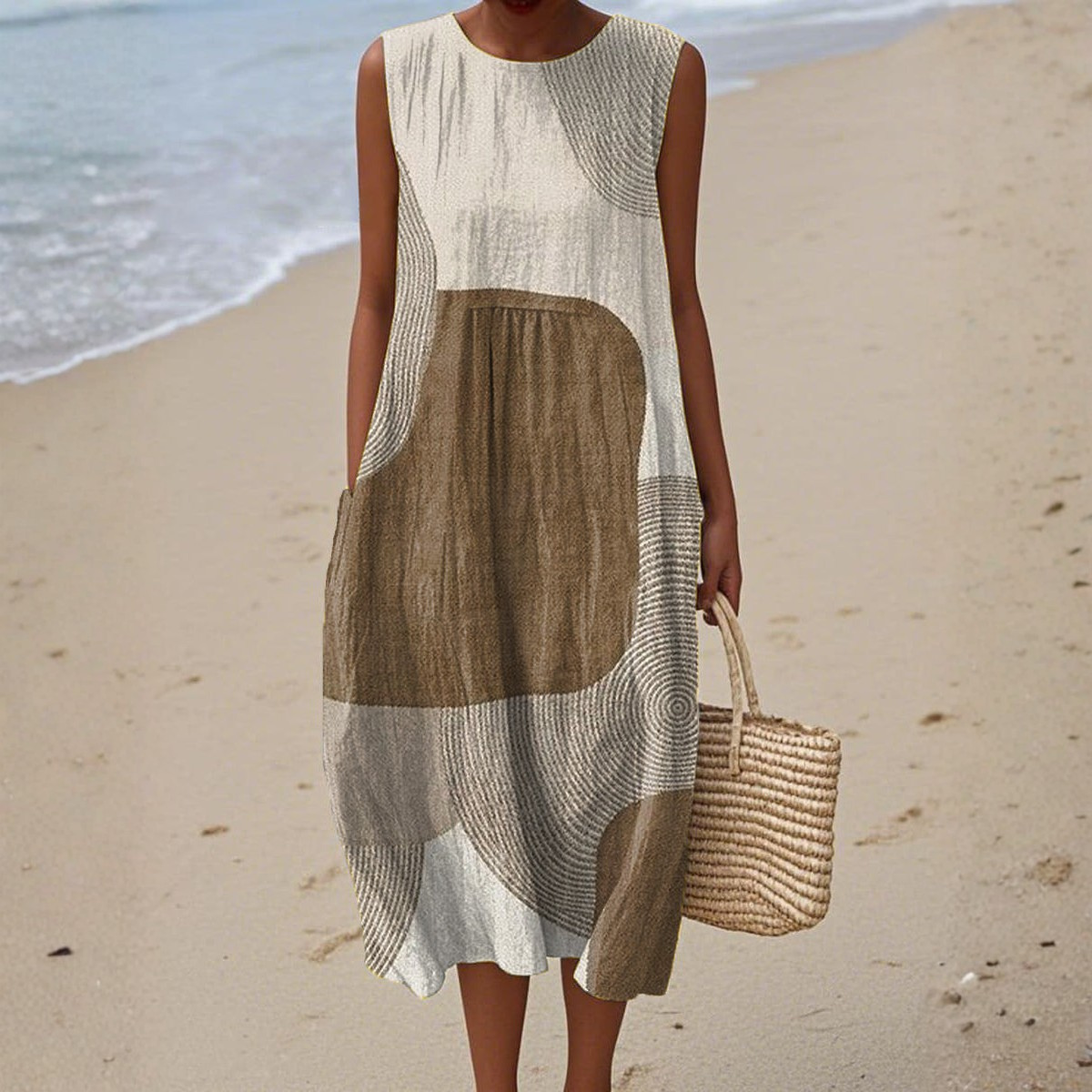 Abstract Print Crew Neck Sleeveless Pocket Midi Dress