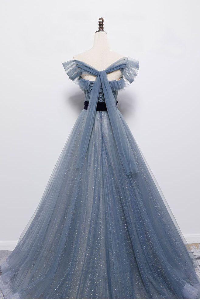 Blue Off The Shoulder Tulle Long Prom Dress Sparkling Formal Dress