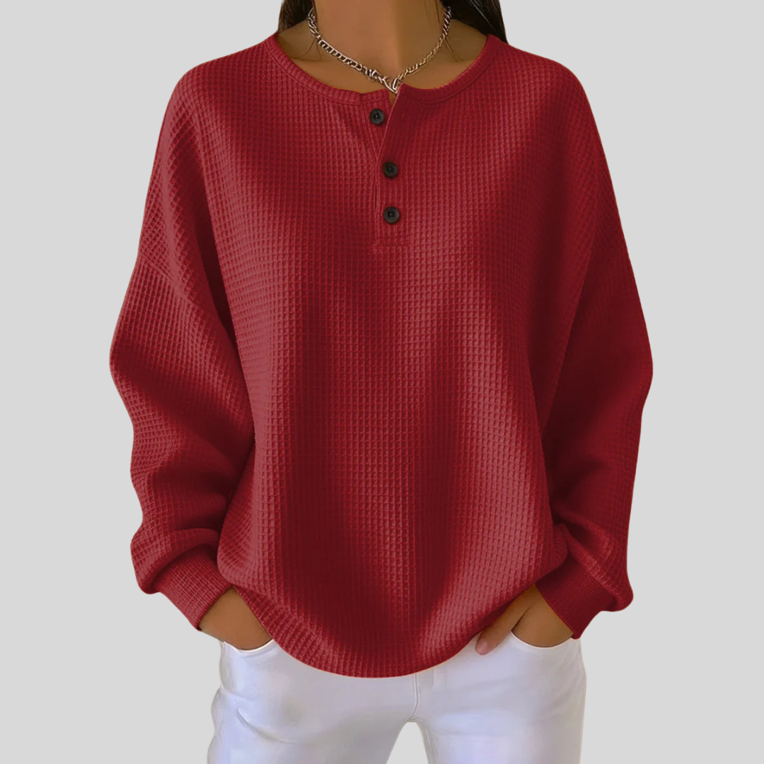 Henley Neck Long Sleeve Waffle Knit Sweatshirt