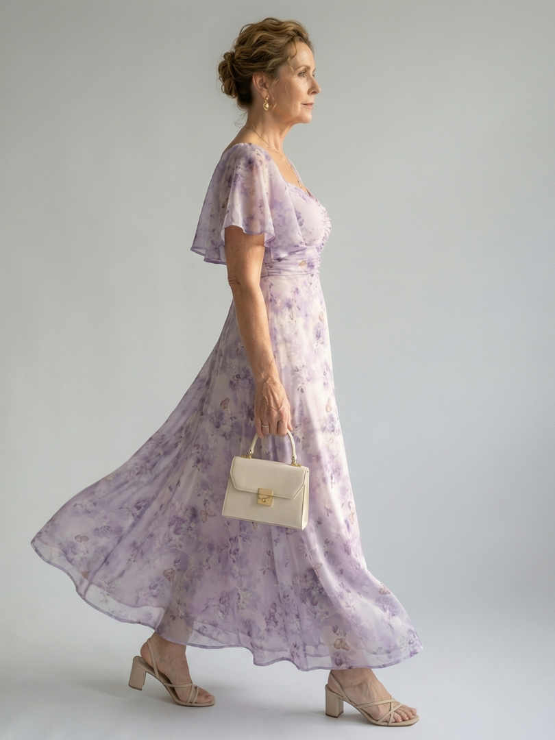 Floral Flutter Sleeve Ruched Maxi Dress