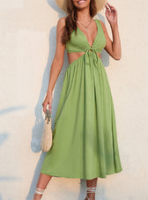 Green Halter-Neck Backless Maxi Dress With Waisted Detail S / Yellow Dresses