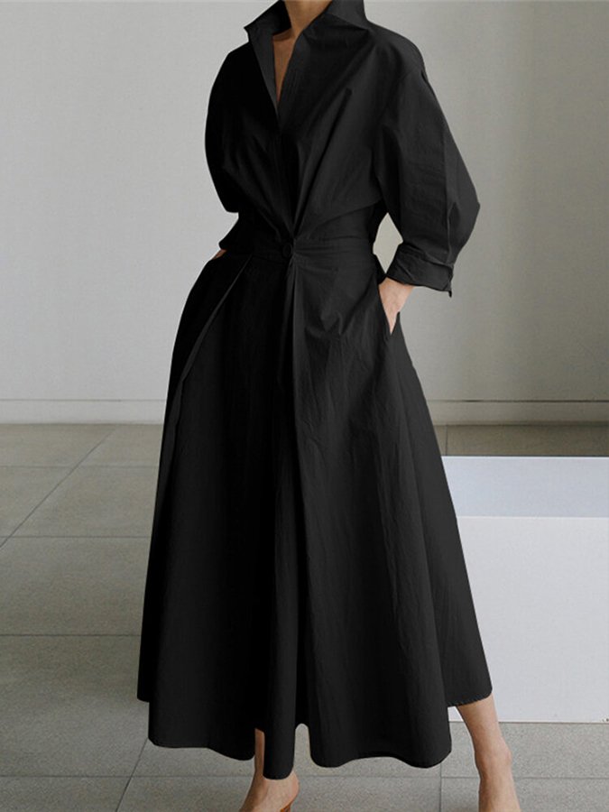 Collared Long Sleeve Pleated Waist A-Line Maxi Shirt Dress