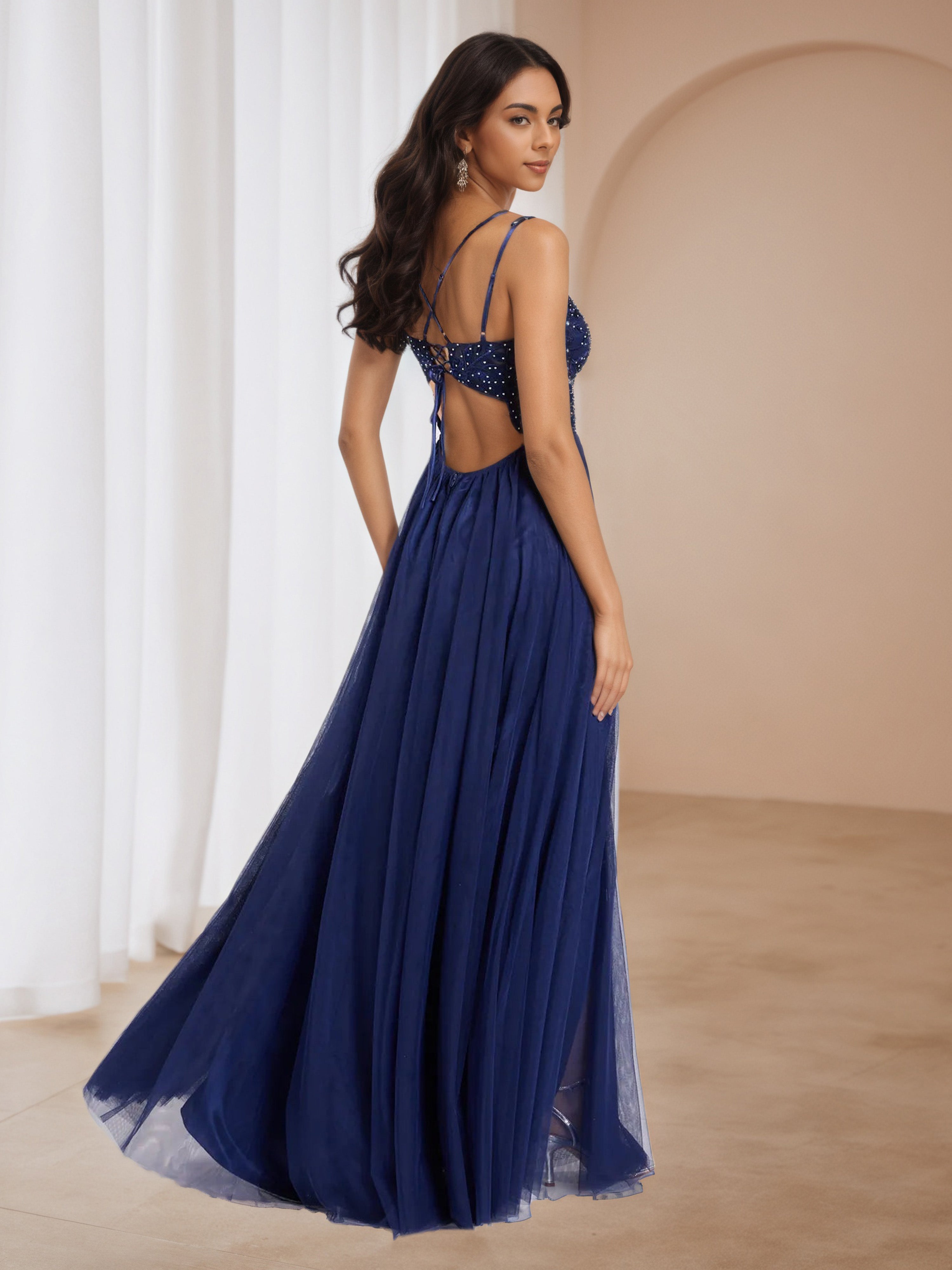 Appliques Straps Dark Navy Blue Off The Shoulder Tulle Formal Dresses