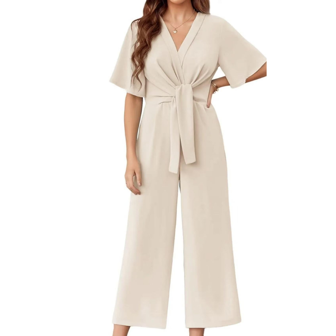 V-Neck Short Sleeve Tie Front Wide Leg Jumpsuit