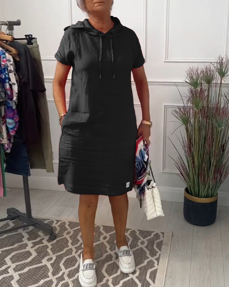 Hooded Drawstring Short Sleeve Knee Length Shift Dress