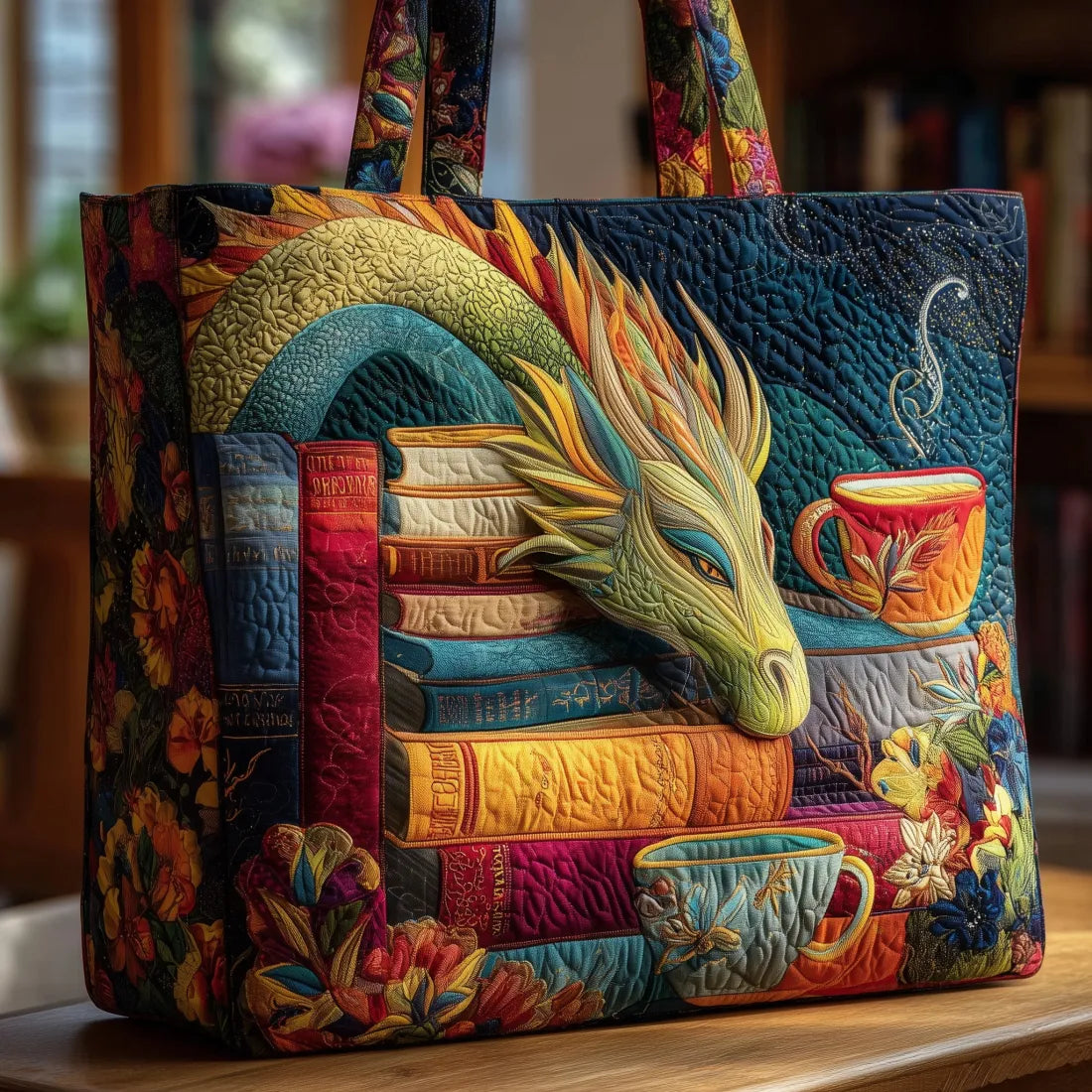 Quilted Dragon Books and Teacups Embroidered Tote Bag