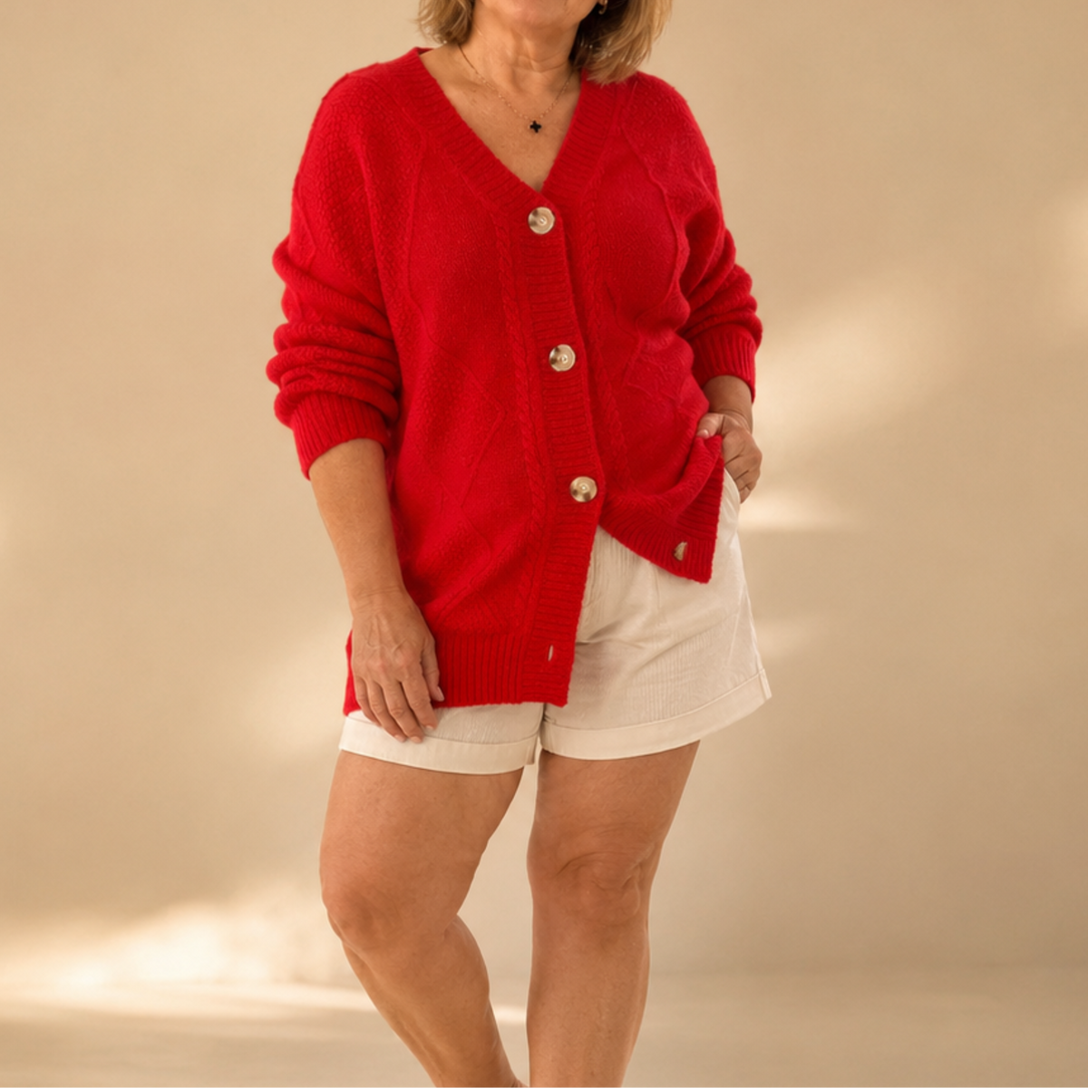 V-Neck Button Front Cable Knit Cardigan