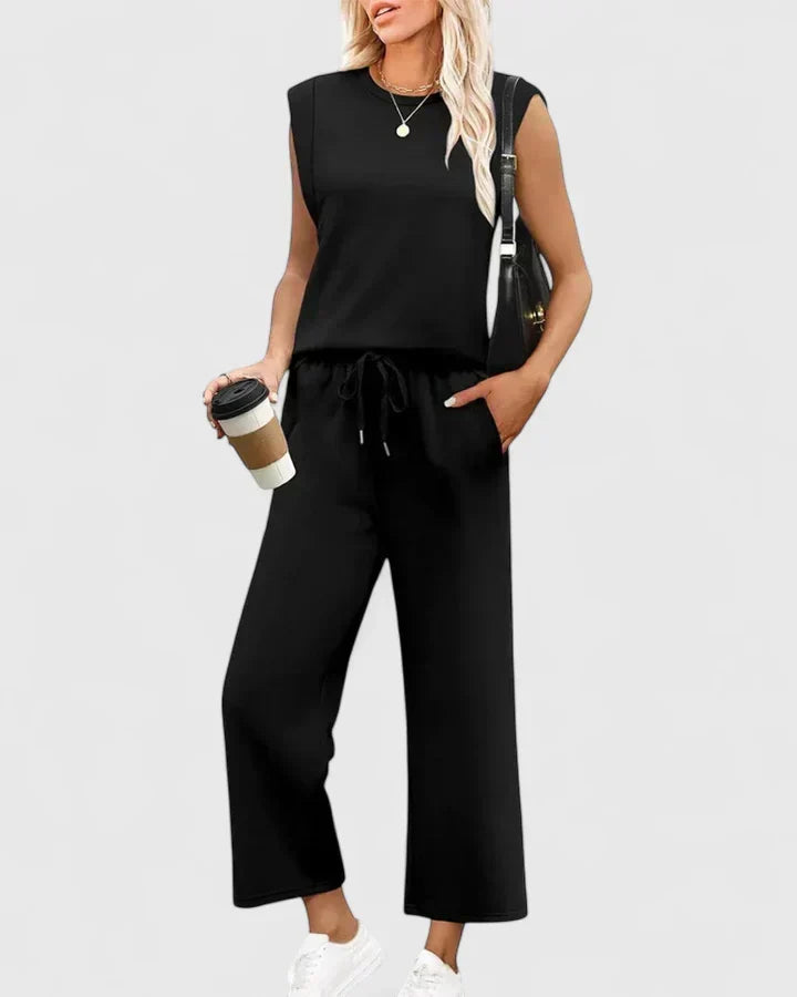 Sleeveless Top and Drawstring Wide Leg Pants Two Piece Set