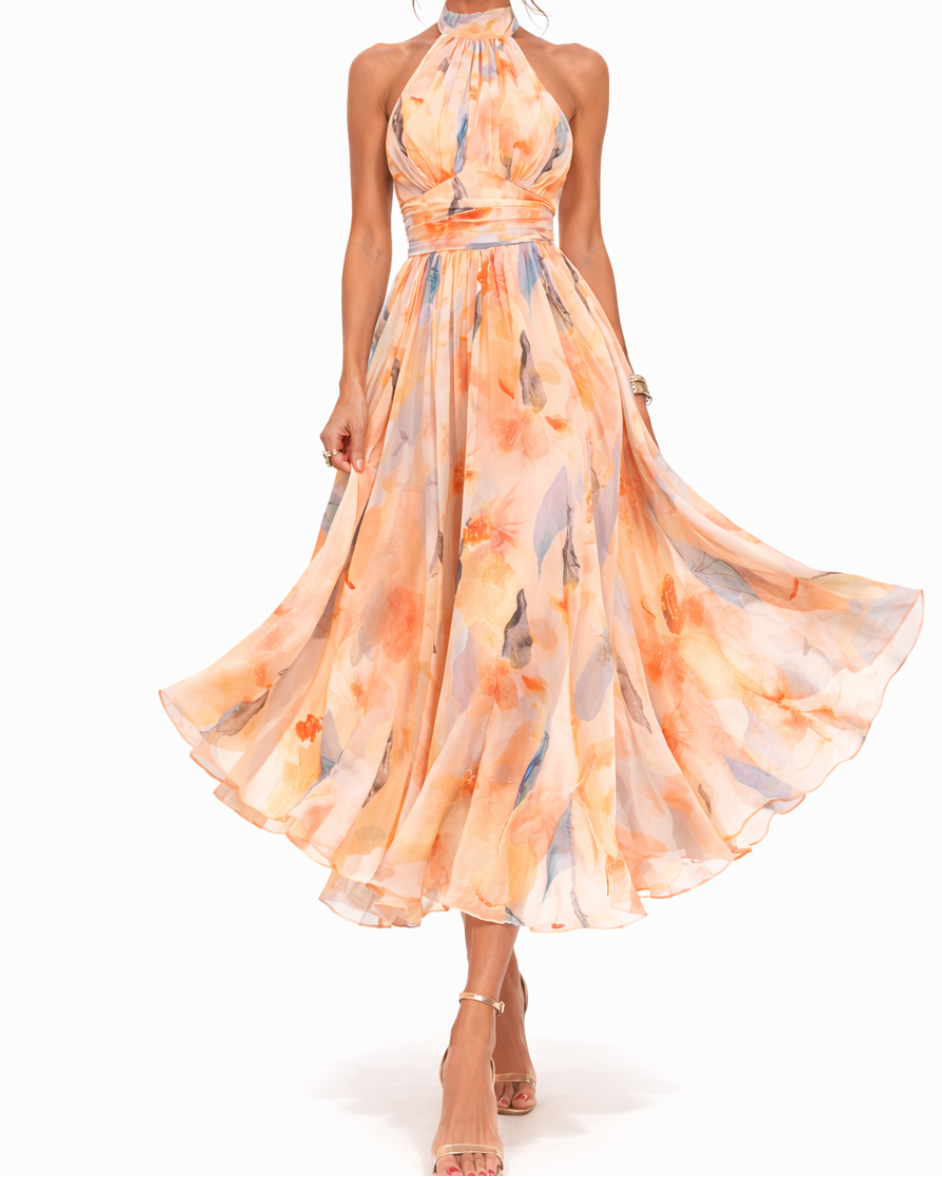 Floral Print Halter Neck Fit and Flare Maxi Dress