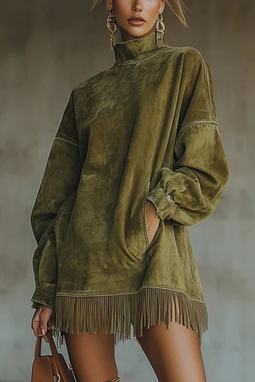 Suede High Neck Long Sleeve Fringe Pocket Mini Dress
