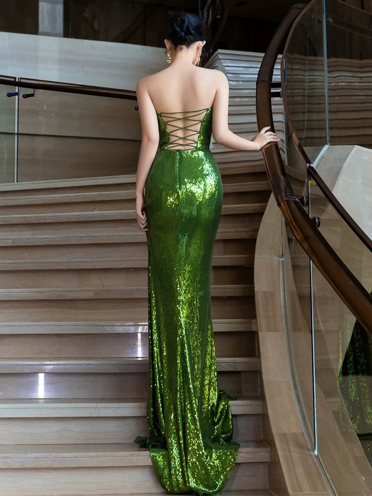 Green Sequin Mermaid Long Prom Dress Sexy Evening Dresses   fg7668