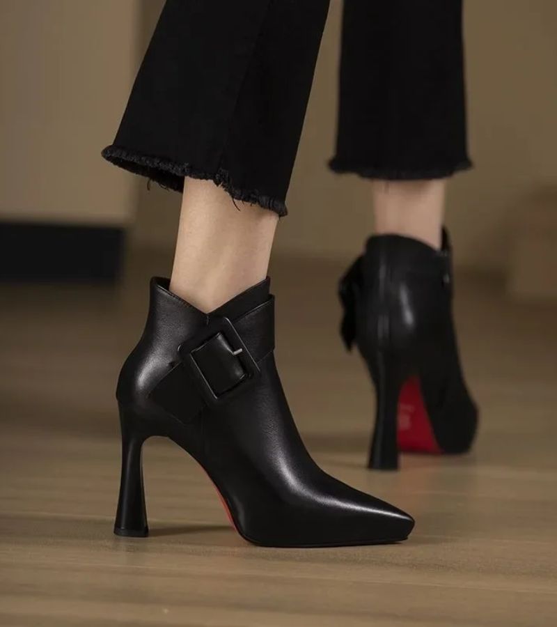 Pointed Toe Buckle Strap Block Heel Ankle Boots