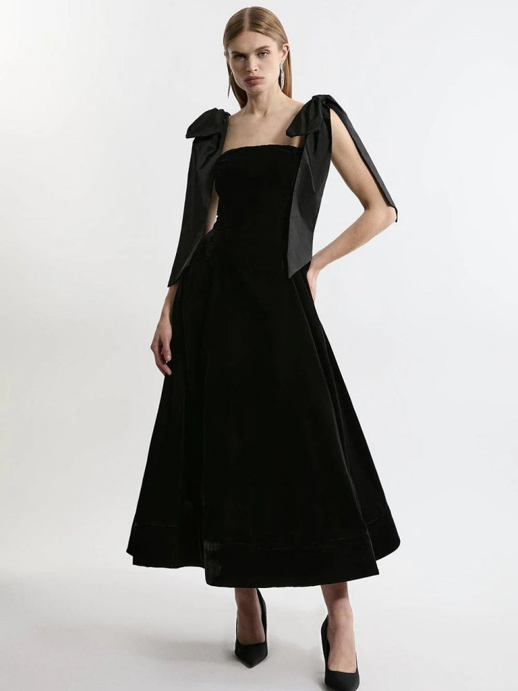 Velvet Square Neck Bow Shoulder Tie A-Line Maxi Dress 2