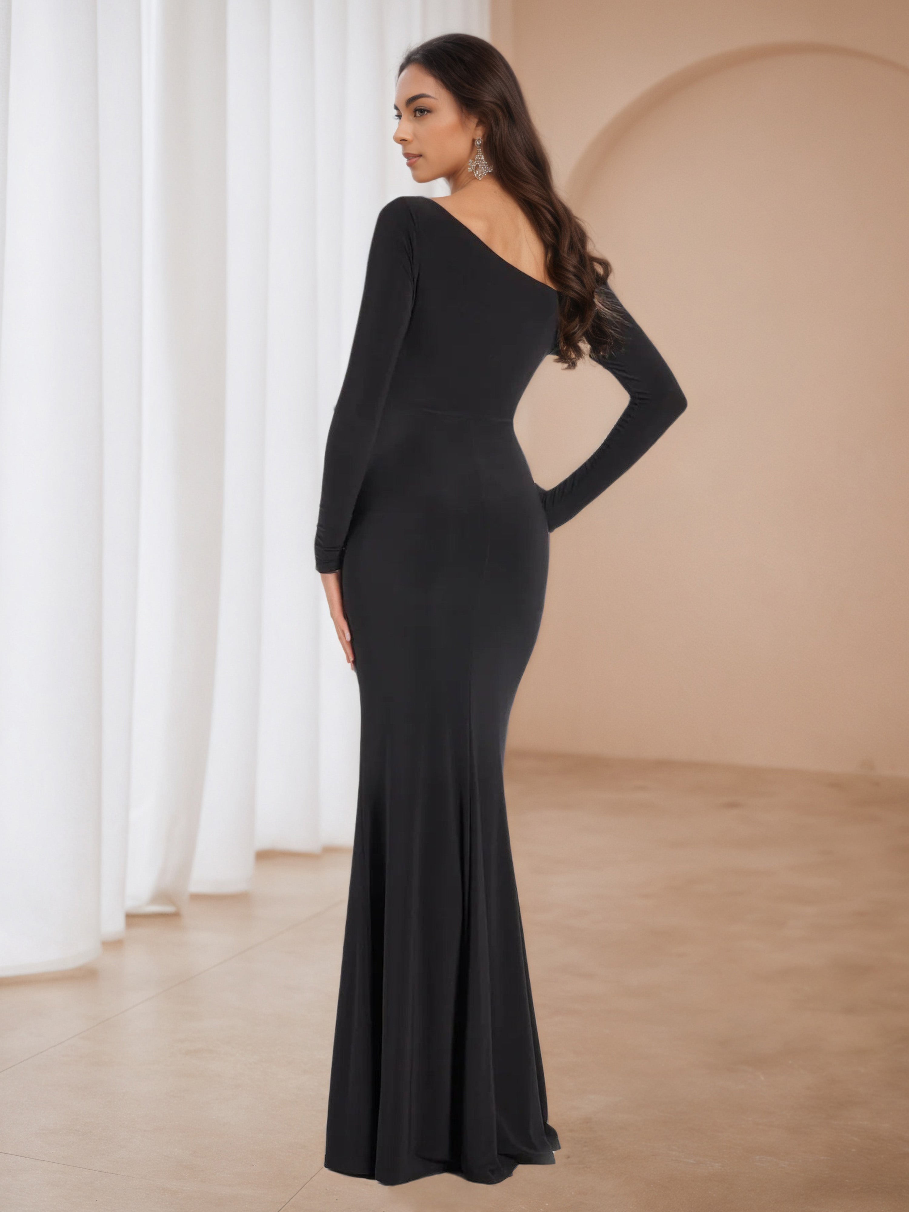 One Shoulder Solid Black Trumpet/Mermaid Formal Dresses