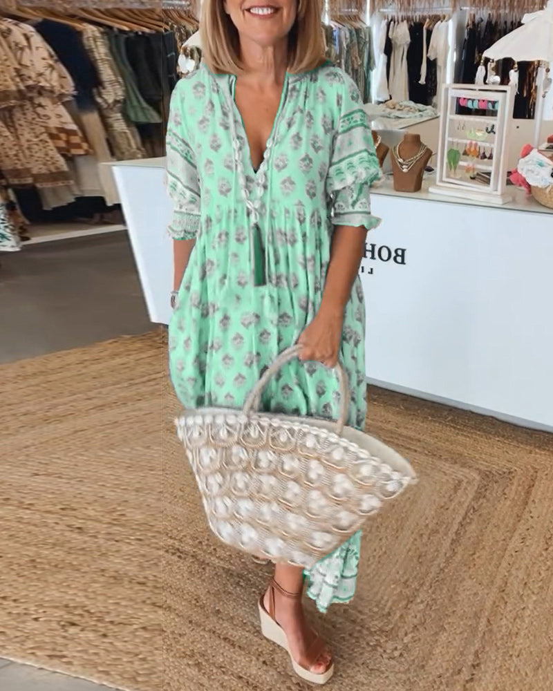 Printed V-Neck Ruffle Short Sleeve Tiered Maxi Dress