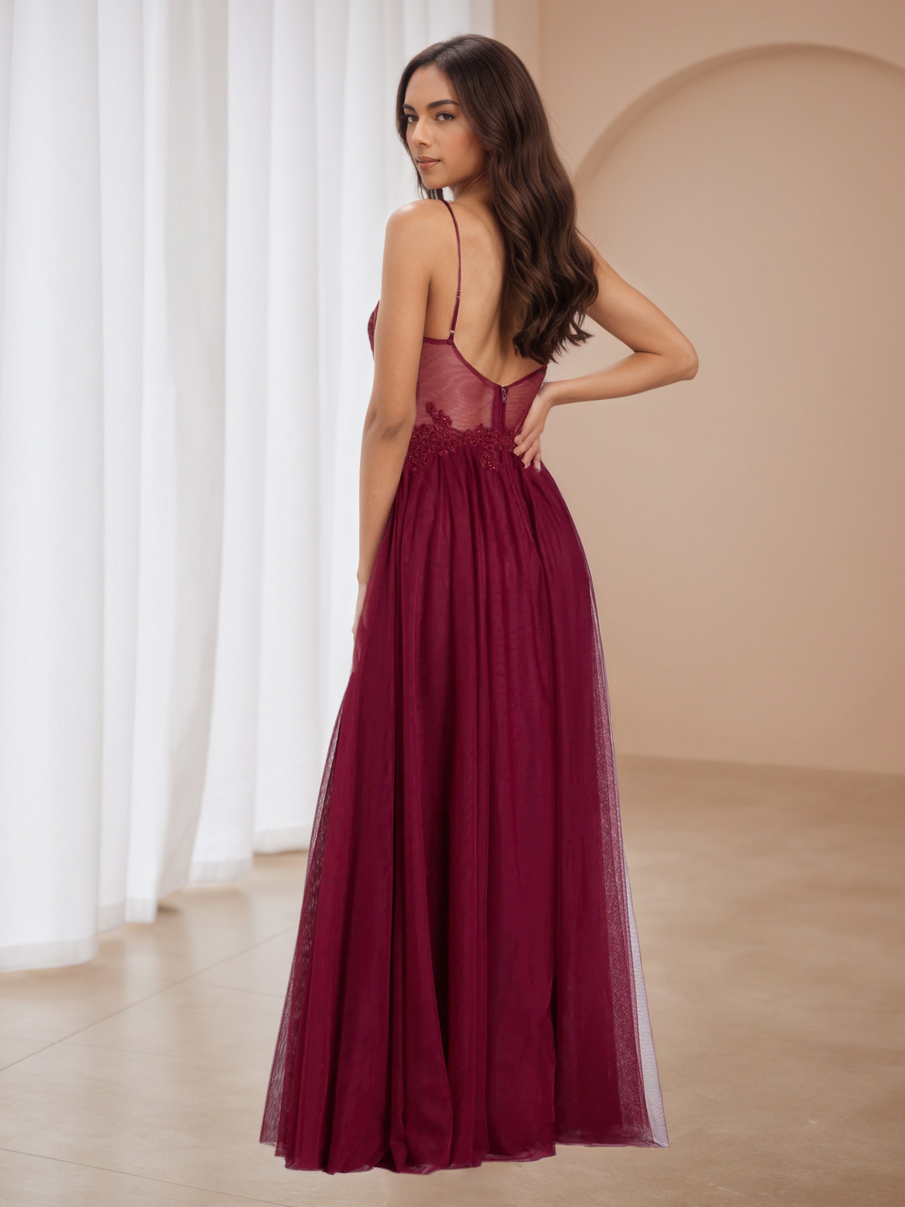 A-Line Cinnamon Rose Tulle V-Neck Formal Dresses