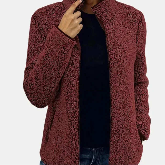 Zip Front Stand Collar Teddy Fleece Jacket