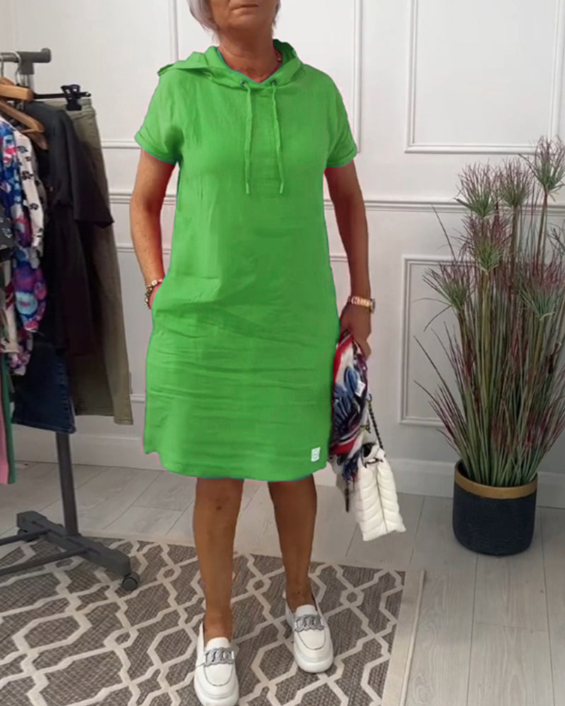 Hooded Drawstring Short Sleeve Knee Length Shift Dress
