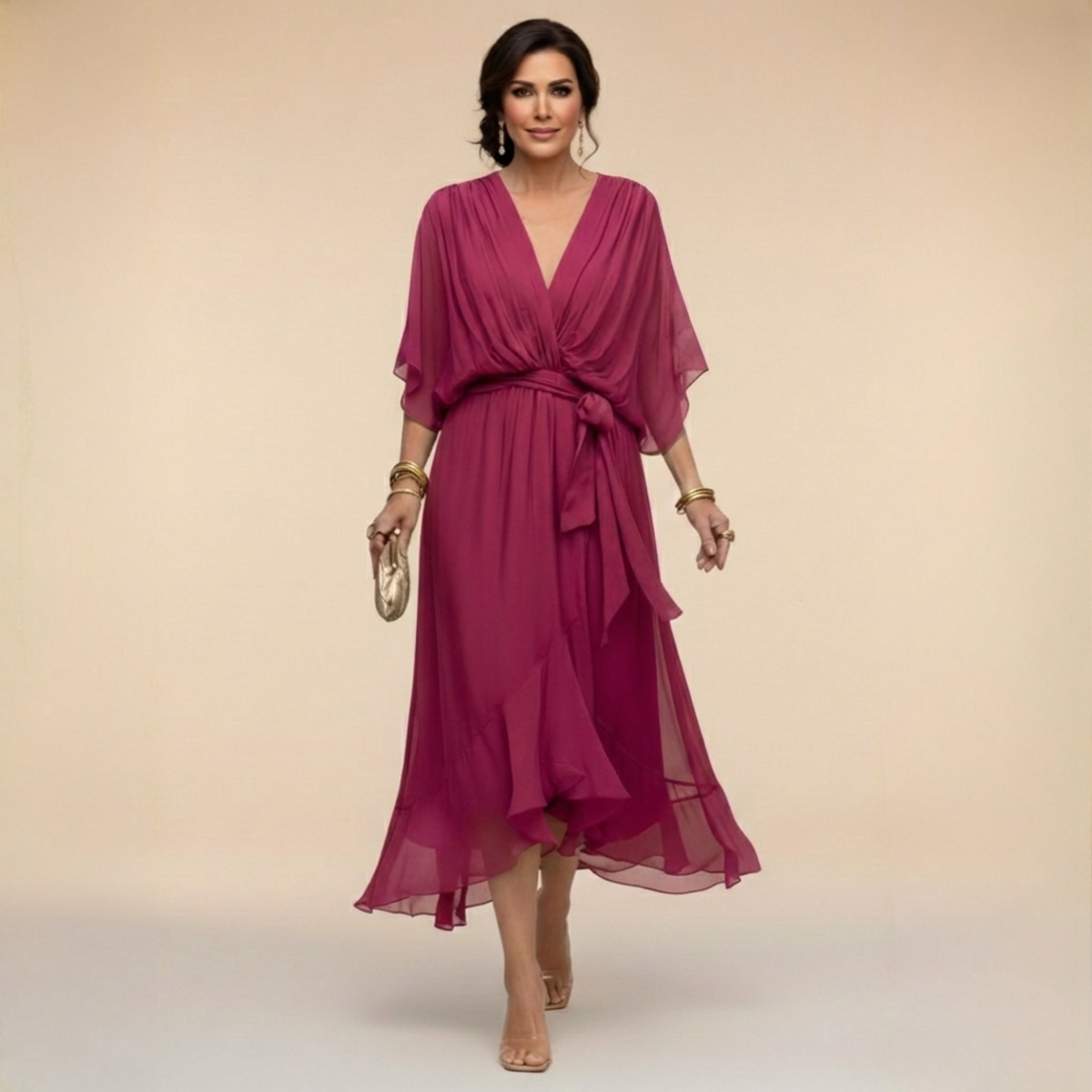 Chiffon V-Neck Kimono Sleeve Tie Waist Ruffle Hem Midi Dress