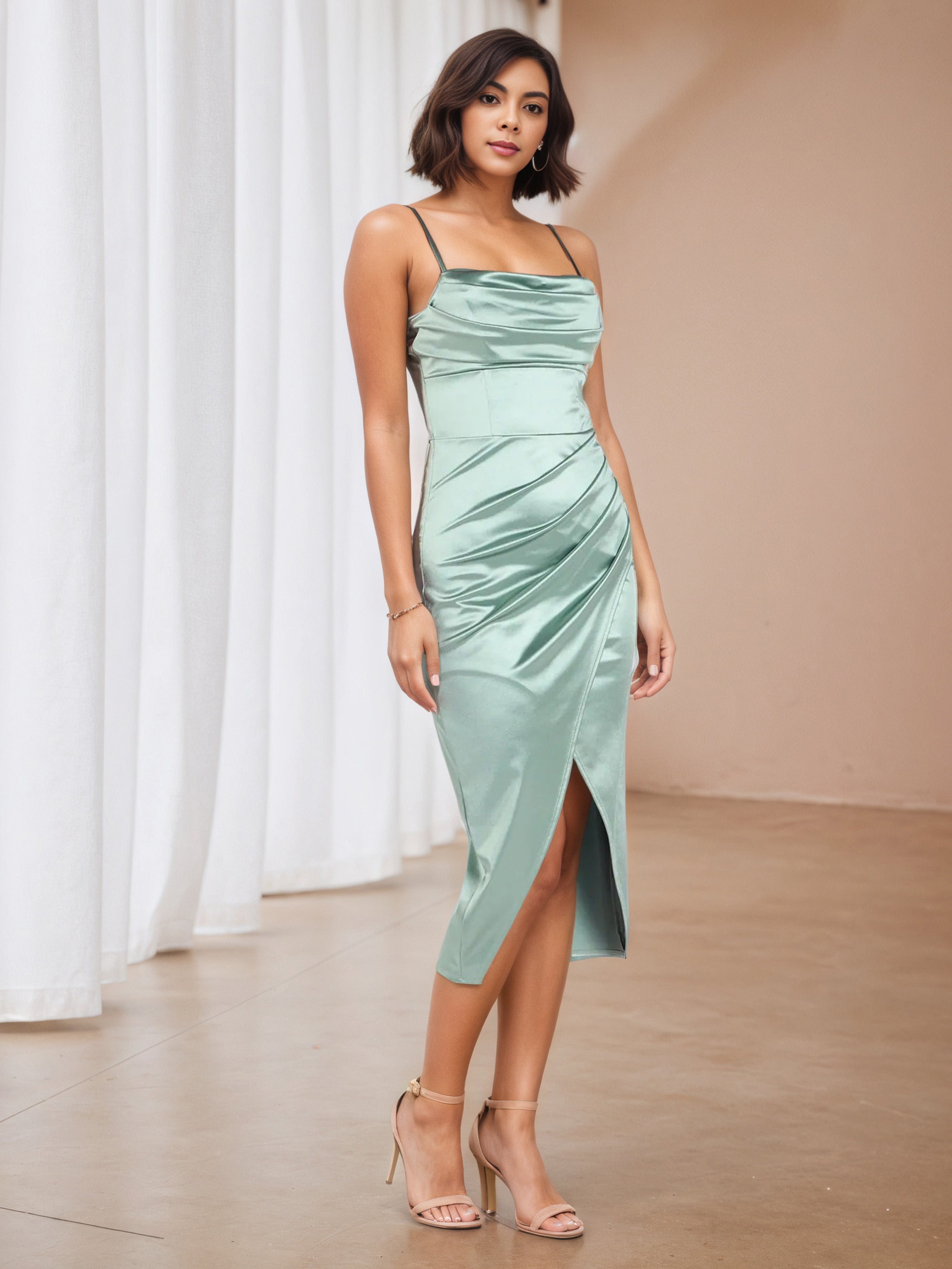 Asymmetrical Eucalyptus Spaghetti Straps Pleats Formal Dresses