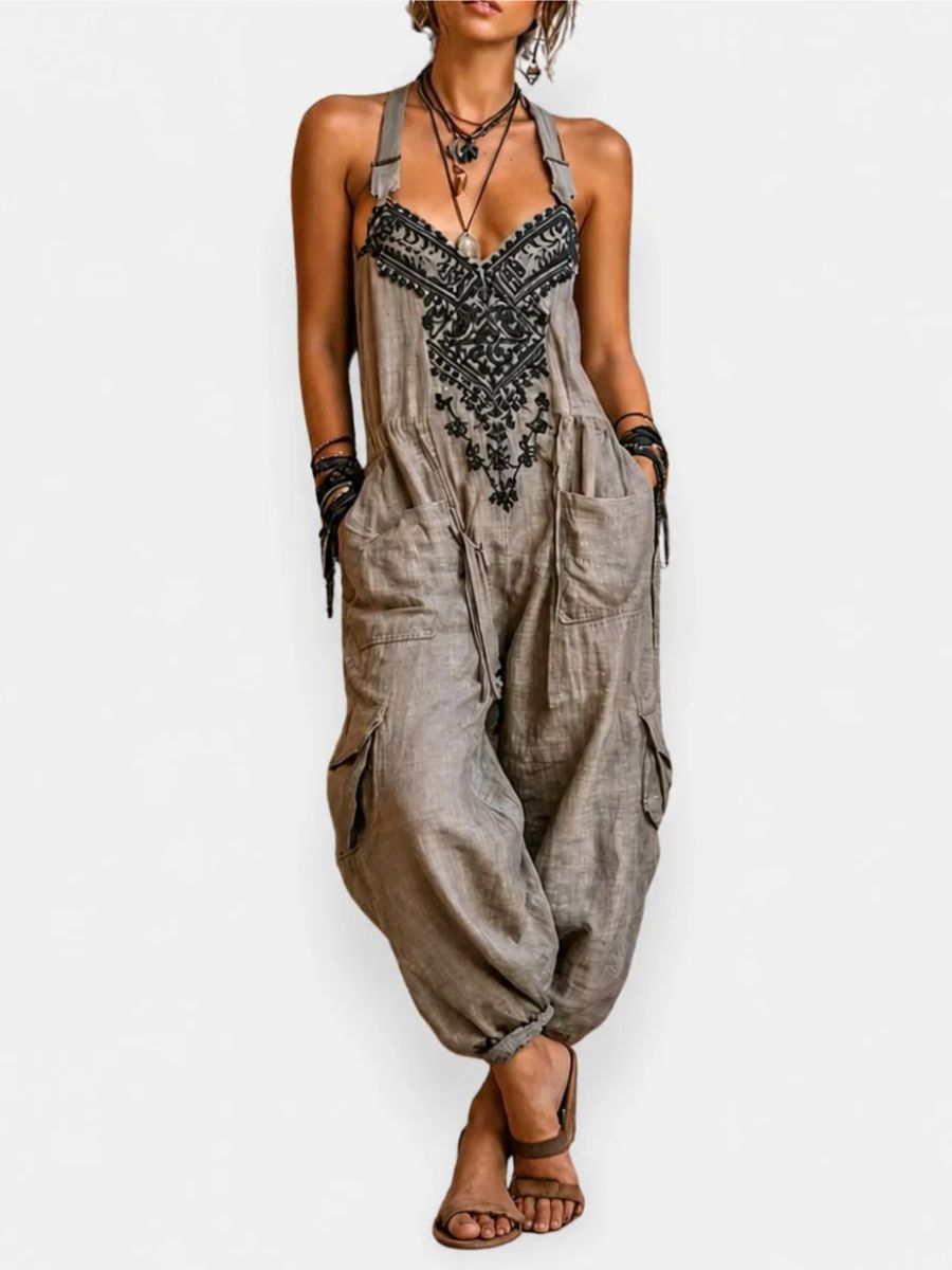 Embroidered Bib Front Pocket Harem Overall Jumpsuit