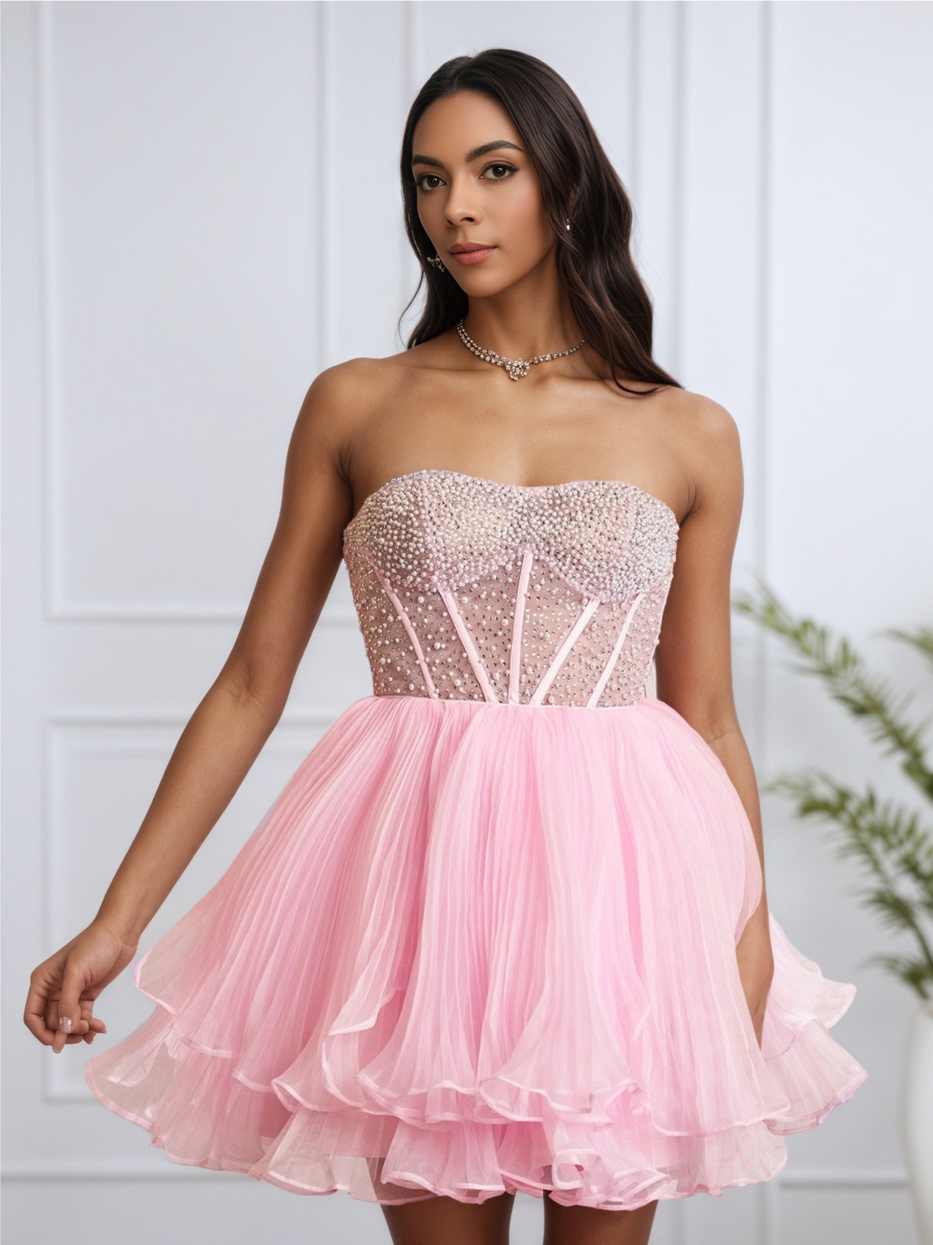 Pink Strapless See-through Beading Short Homecoming Dress