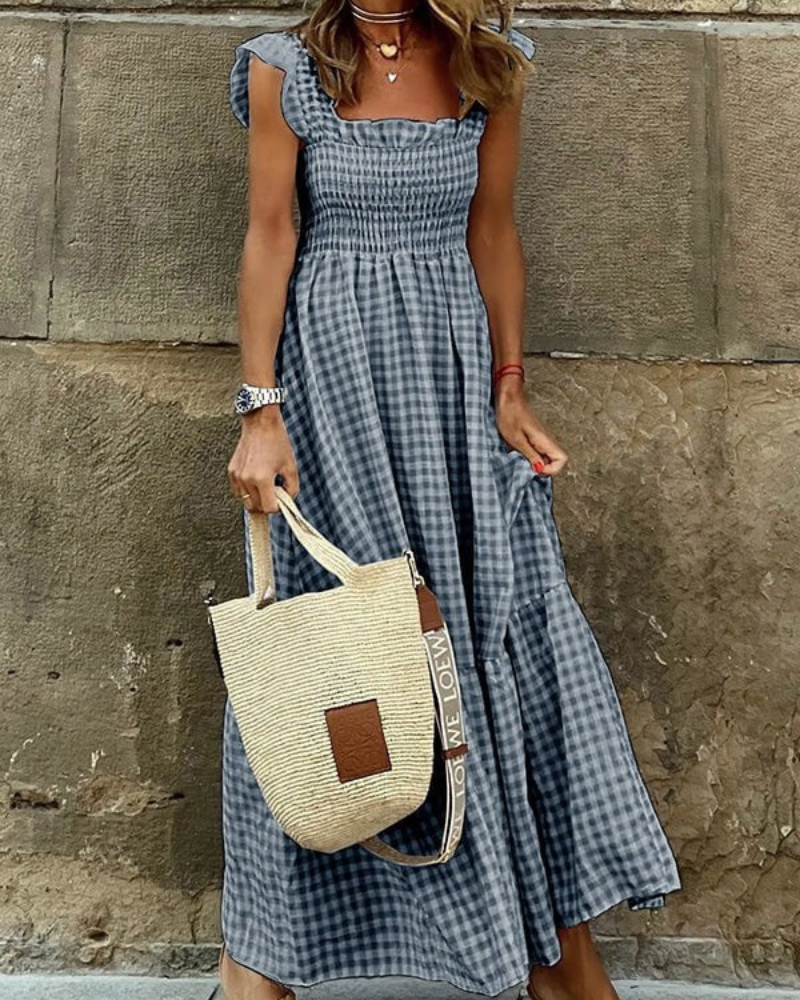Gingham Smocked Square Neck Tiered Ruffle Cap Sleeve Maxi Dress
