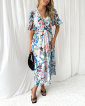 Floral Chiffon Deep V-Neck Long Sleeve Cut Out Maxi Dress 21