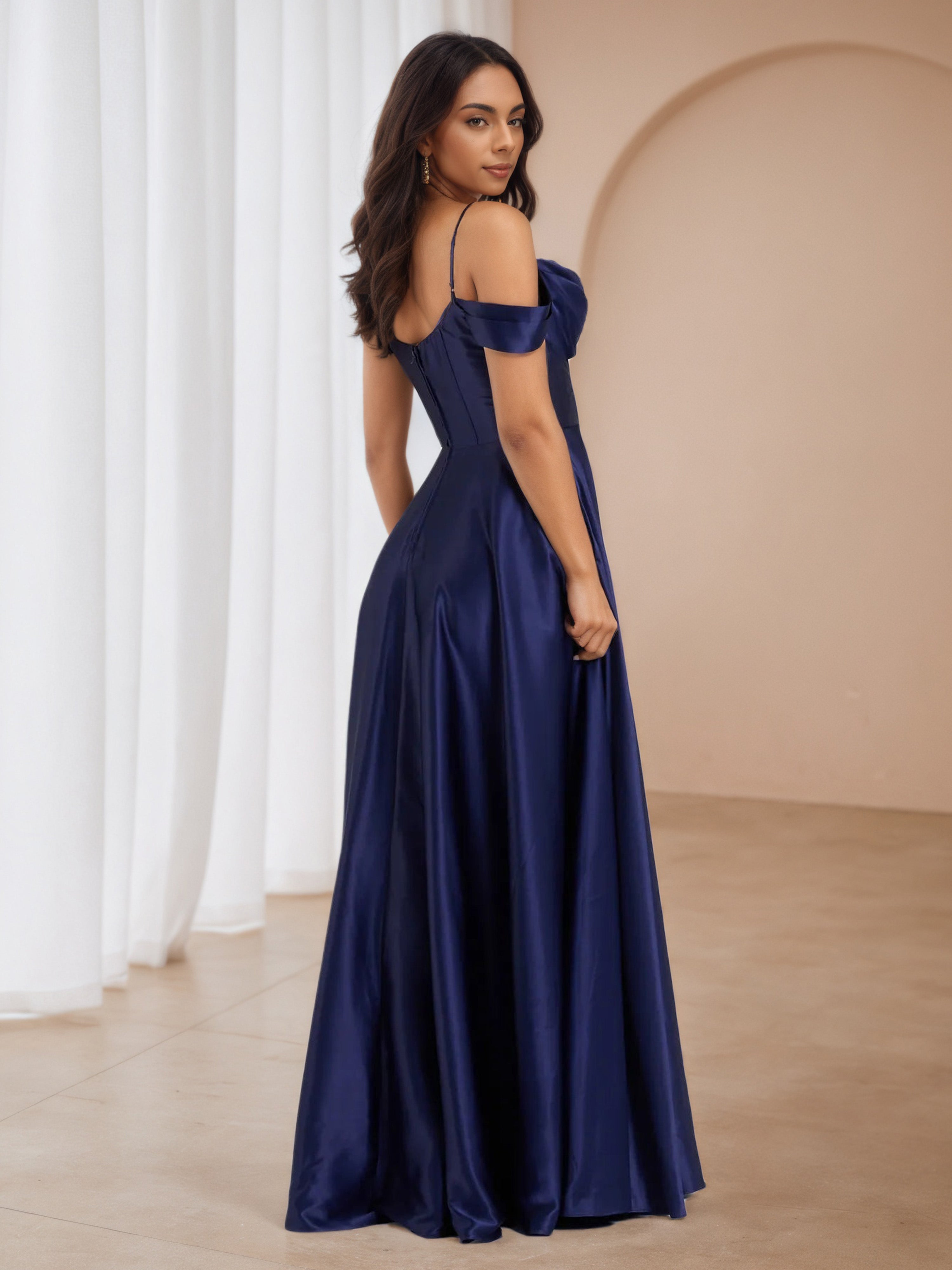 Satin Dark Navy Blue Off The Shoulder Formal Dresses