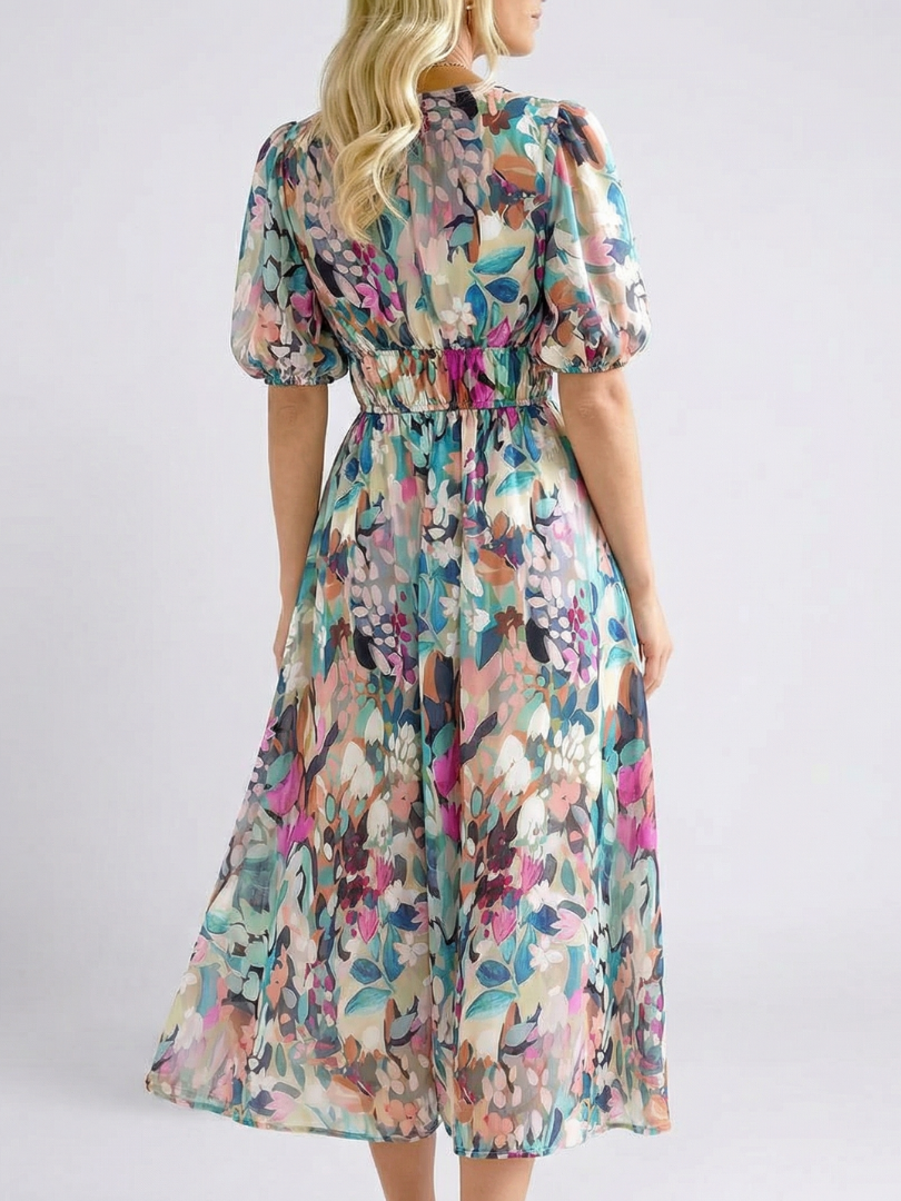 Floral V-Neck Puff Sleeve Gathered Waist Midi Dress
