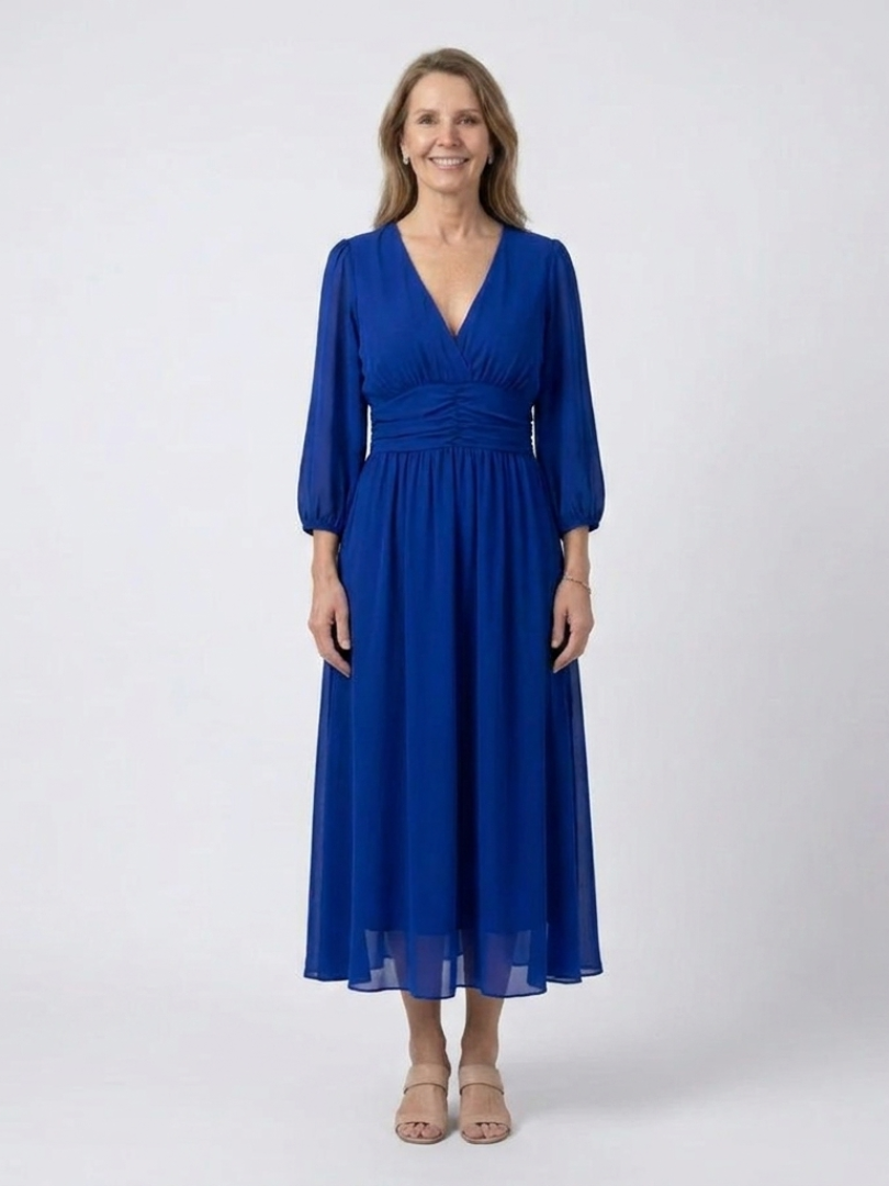 V-Neck Balloon Sleeve Ruched Waist Chiffon Midi Dress