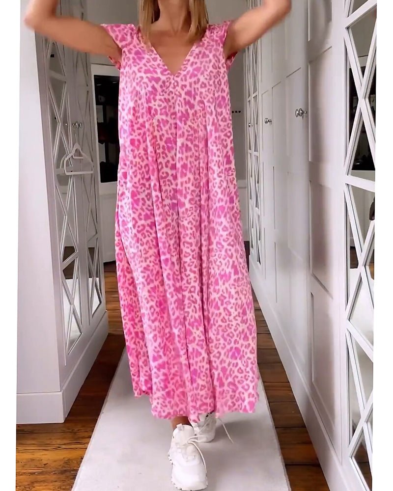 Leopard Print V-Neck Cap Sleeve Maxi Dress