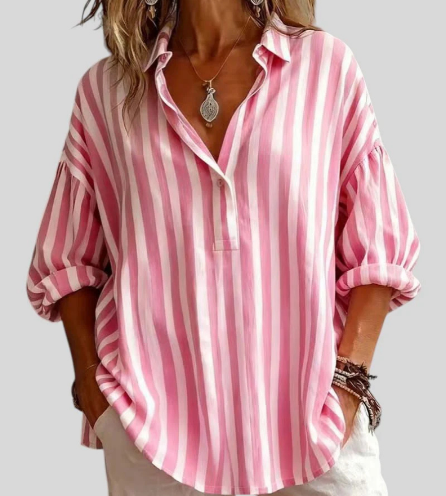 Striped Collared Half Sleeve Popover Blouse