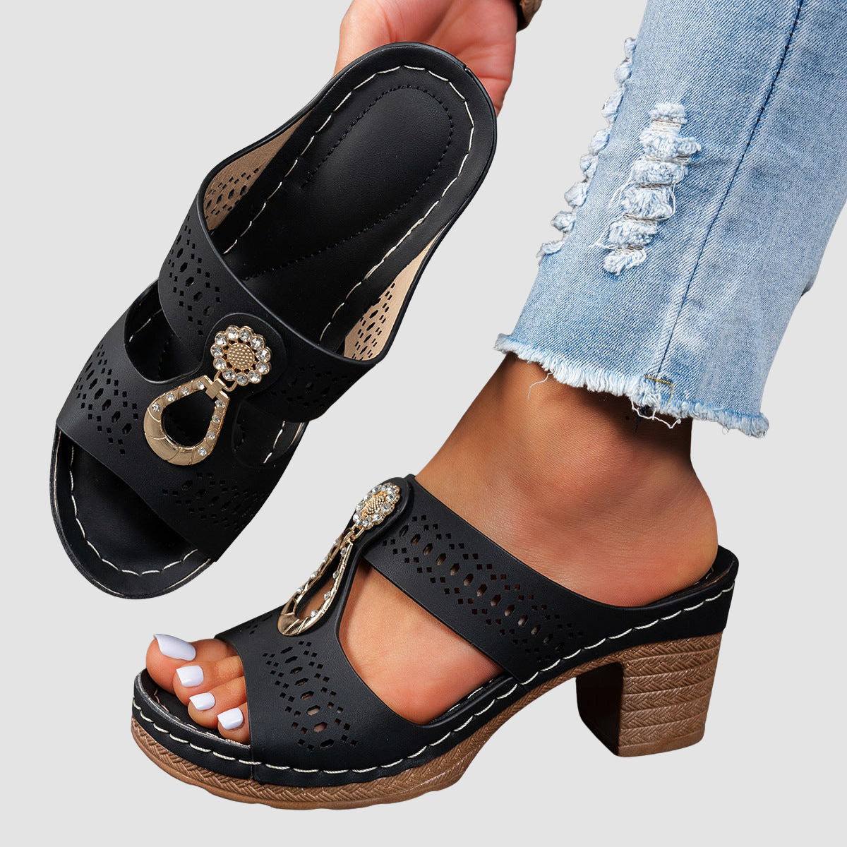 Open Toe Cut Out Embellished Block Heel Platform Slides