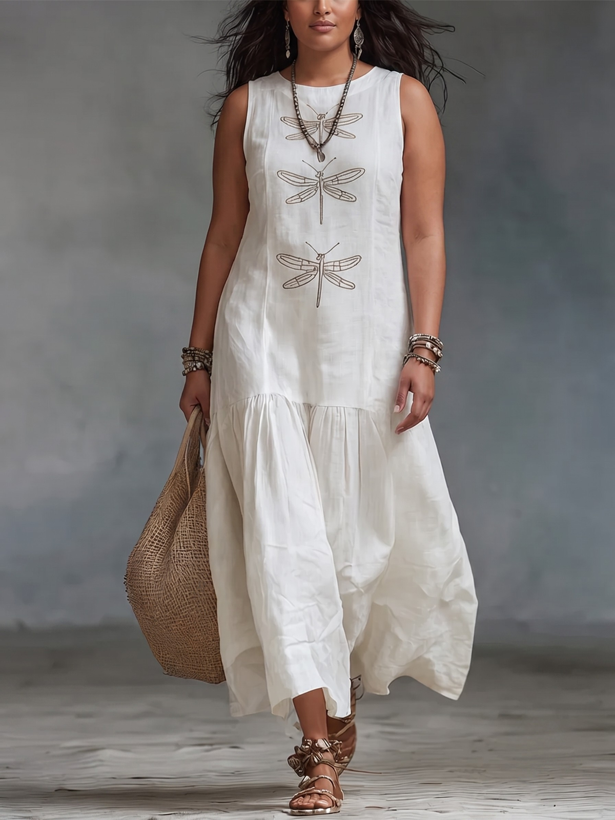 Dragonfly Print Crew Neck Sleeveless Tiered Maxi Dress