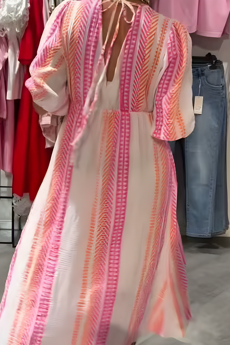 Geometric Print V-Neck Puff Sleeve Maxi Dress 2