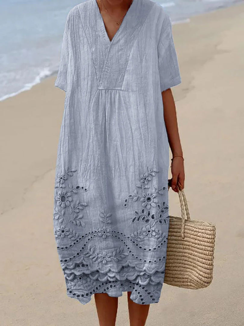 Eyelet Embroidered V-Neck Short Sleeve Midi Dress