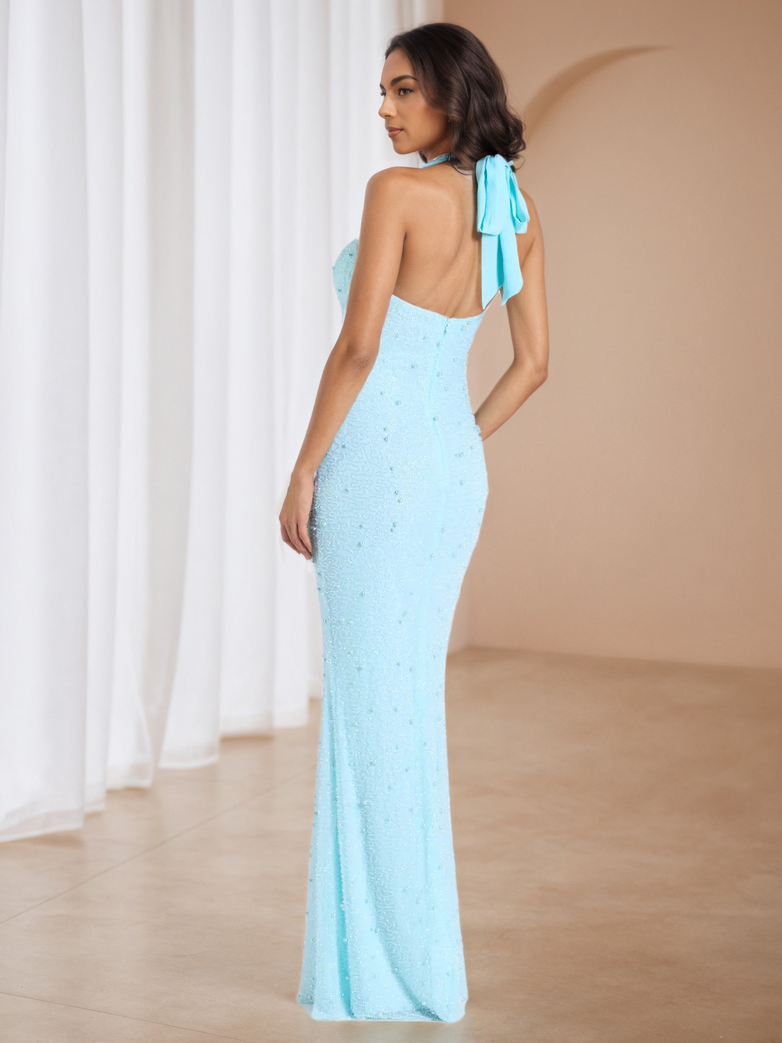 Sky Blue Halter Sheath/Column Formal Dresses
