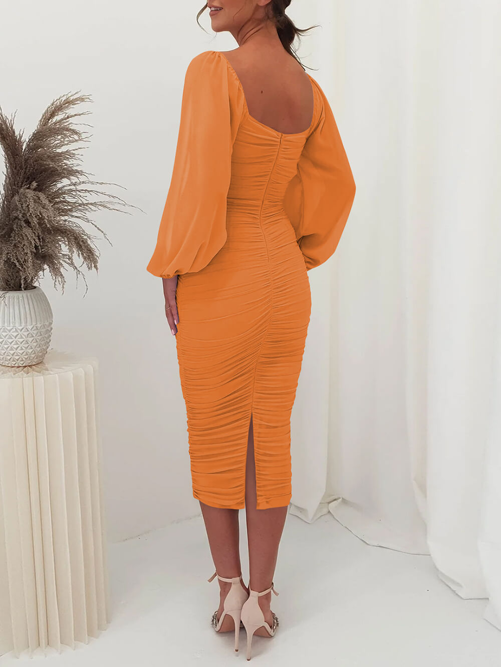 Square Neck Puff Sleeve Ruched Bodycon Midi Dress