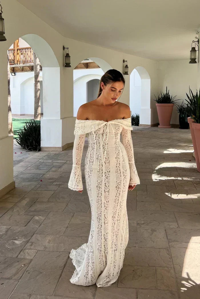 Off Shoulder Bell Sleeve Lace Up Front Striped Lace Mermaid Maxi Dress