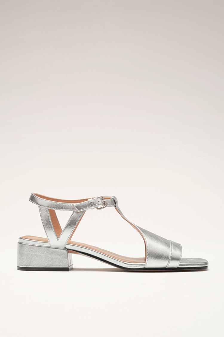 Metallic Open Toe Ankle Strap Block Heel Sandals