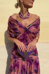 V-Neck Short Sleeve Chiffon Ruched Maxi Dress 16