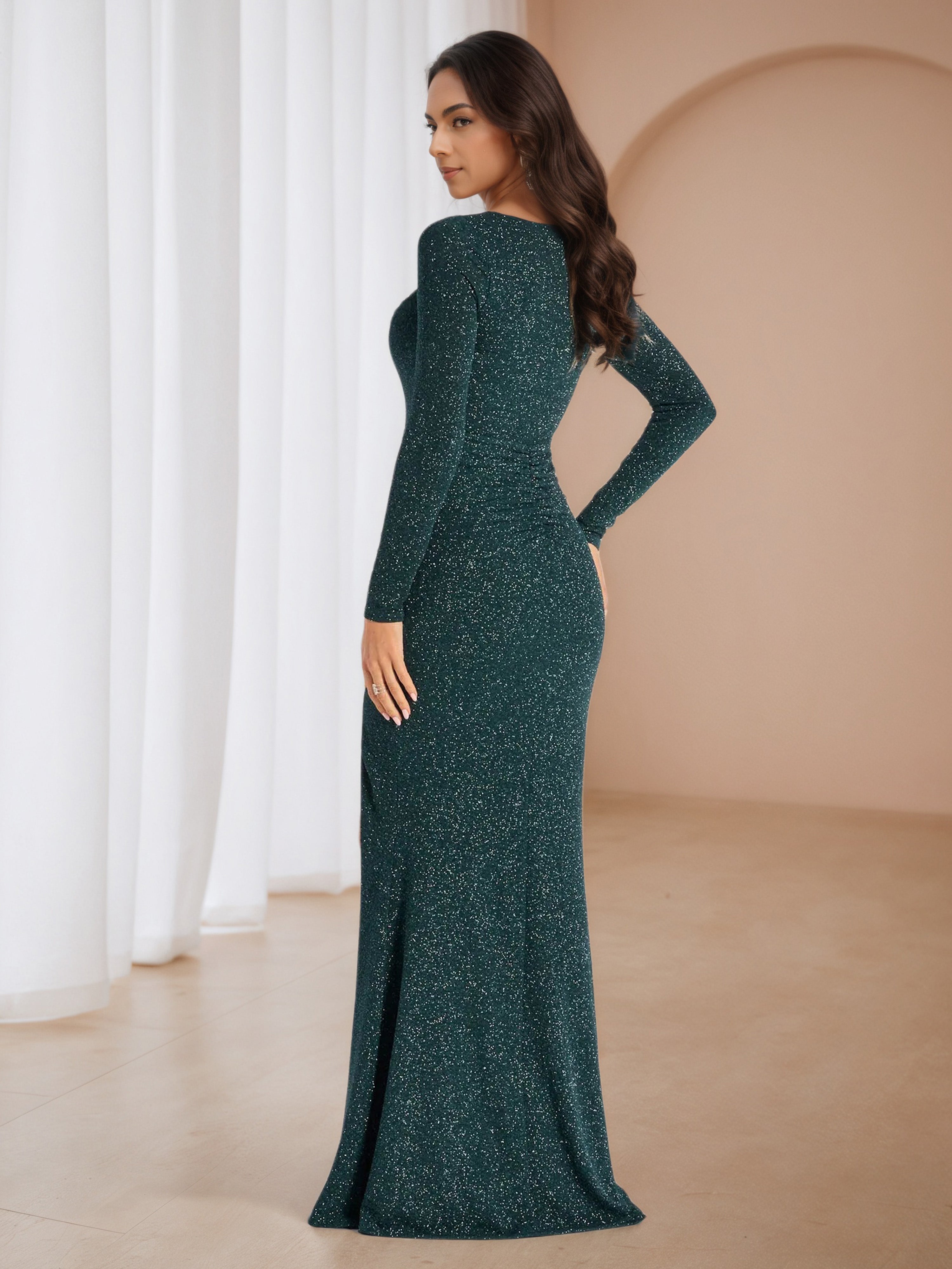 Peacock Square Neckline Long Sleeves Sweep/Brush Train Formal Dresses