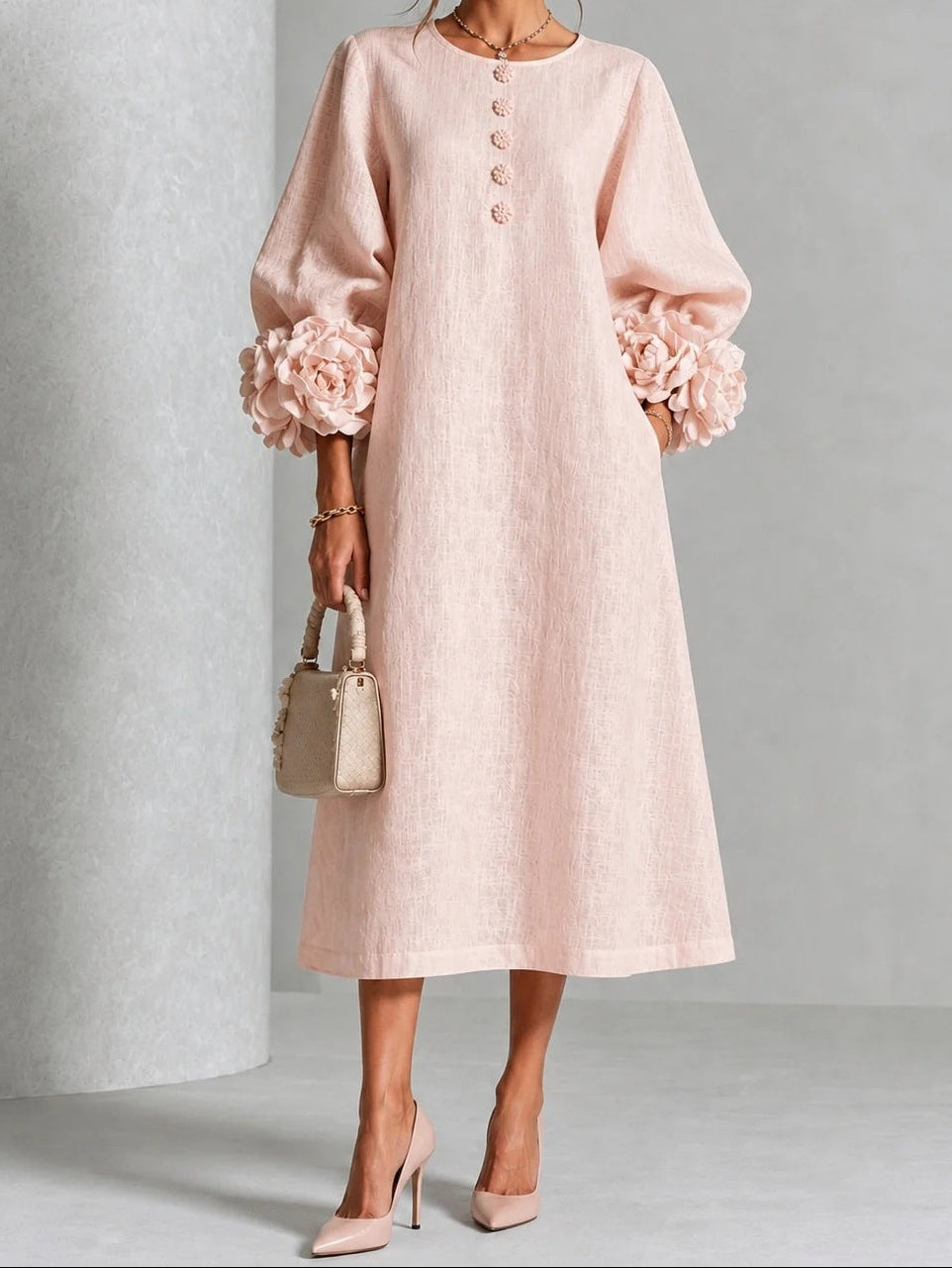 Round Neck 3D Floral Cuff Button Front Midi Dress