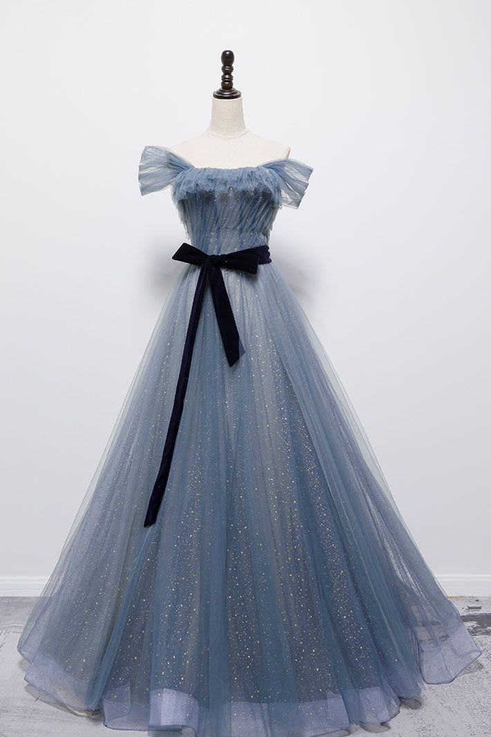 Blue Off The Shoulder Tulle Long Prom Dress Sparkling Formal Dress