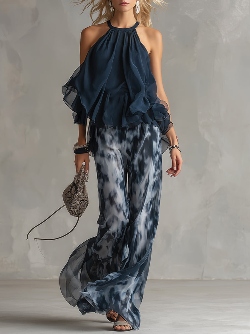 Halter Neck Ruffle Top and Wide Leg Pants Two Piece Set