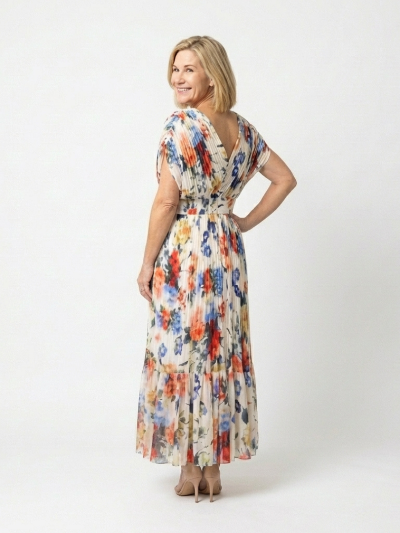 Watercolor Floral V-Neck Pleated Maxi Dress