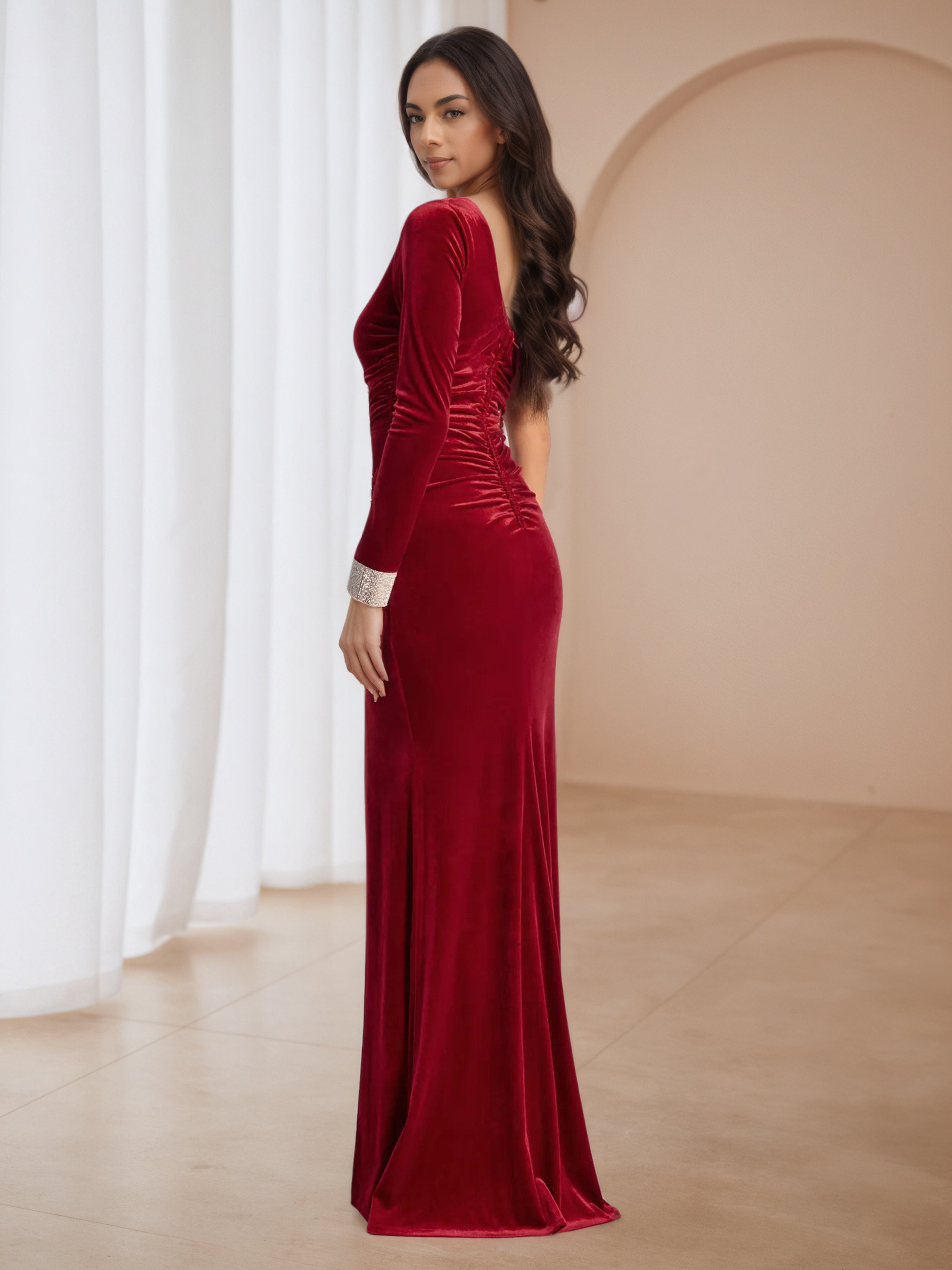 One Shoulder Red Velvet Ruched Sheath Formal Dresses with Split