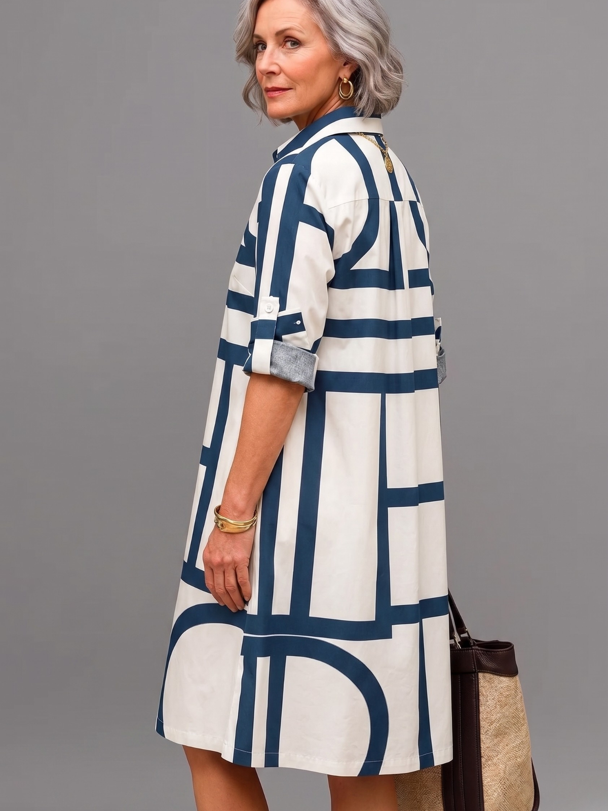 Geometric Print Button Front A-Line Midi Shirt Dress