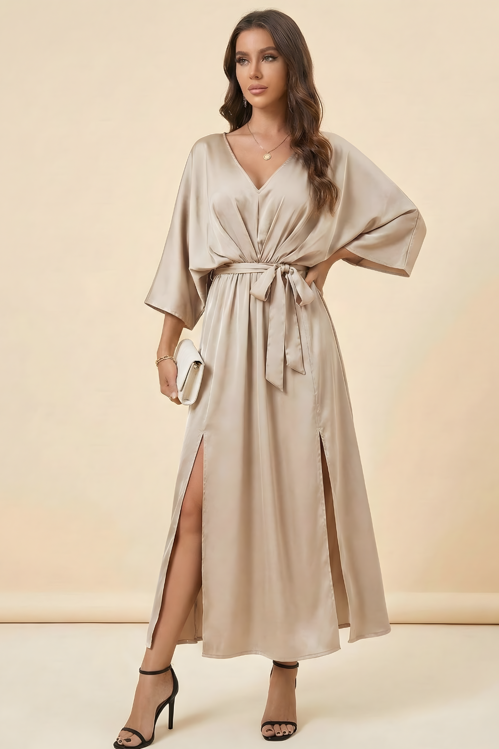 Satin V-Neck Batwing Wrap Maxi Dress 2